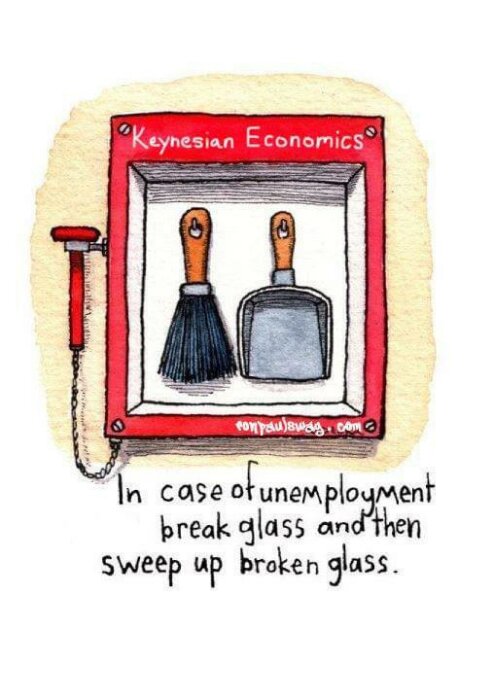 Satirisk illustration, "Keynesian Economics" nödlåda med kvast, skyffel, hammare, "vid arbetslöshet - bryt glas".