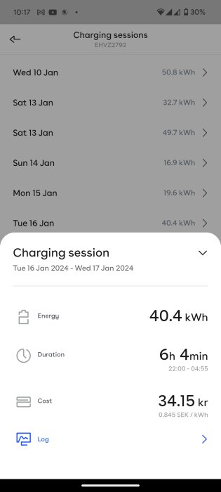 Skärmavbild från app som visar elektriska laddningssessioner och kostnad i kronor.