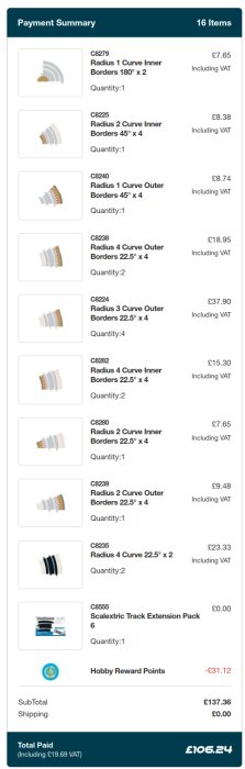 Order summary showing Scalextric track parts, total paid £106.24, free shipping, VAT included.