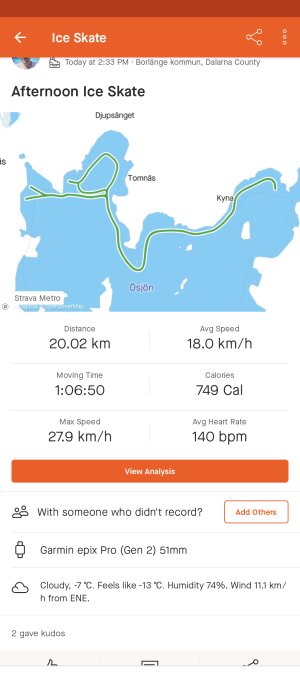 Aktivitetslogg för skridskoåkning: 20 km, snitthastighet 18 km/h, kaloriförbränning, och väderinformation.