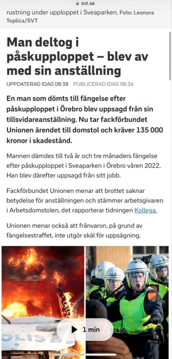 Person i skyddsutrustning framför stor eld, text om rättsfall och anställning, nyhetsartikel från SVT.