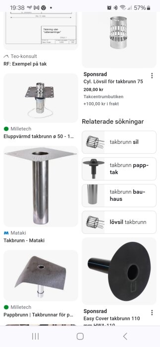 Skärmdump av sökresultat för takbrunnar med bilder på olika modeller och tillbehör.