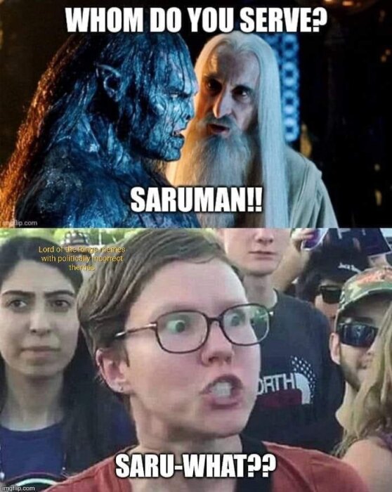 Meme från "Sagan om Ringen" ovanför, förvirrad kvinna nedanför, textskämt om namnet "Saruman".