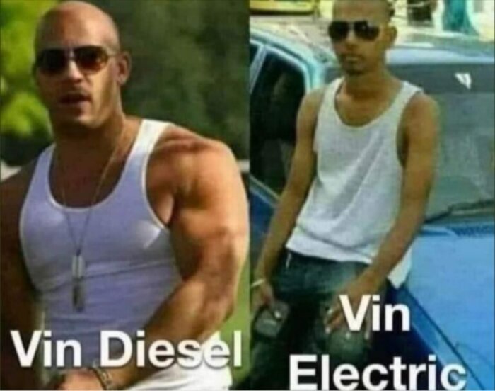 Humoristisk jämförelse, två män, skämt om fysik och namn, Vin Diesel parodi.
