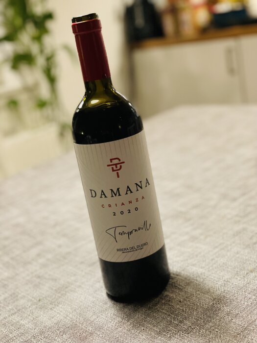 Flaska rödvin, Damana Crianza, Tempranillo, 2020, Ribera del Duero, slät yta, suddig bakgrund.