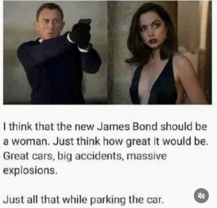 Två personer och en text föreslår kvinnlig James Bond med bilåkning och explosioner. Texten innehåller en könsstereotyp.