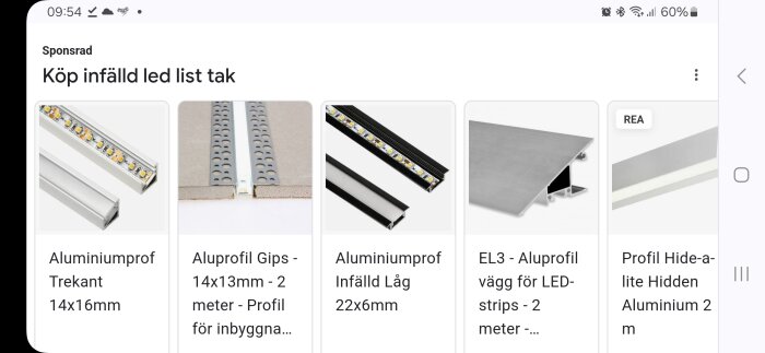 Aluminiumsprofiler för LED-lister, olika former, infällnad, gipsinbyggnad, väggmontering, reklam för belysningsprodukter.