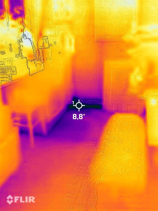 Termisk bild av inomhusmiljö, visar värmevariationer, FLIR märke synligt, temperatur indikeras till 8,8 grader Celsius.