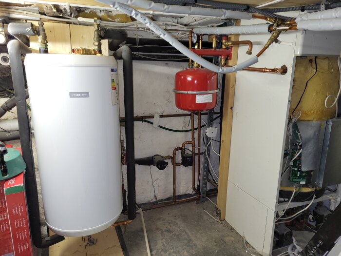 Värmesystem i pannrum med varmvattenberedare, expansionskärl, rör och teknisk utrustning.