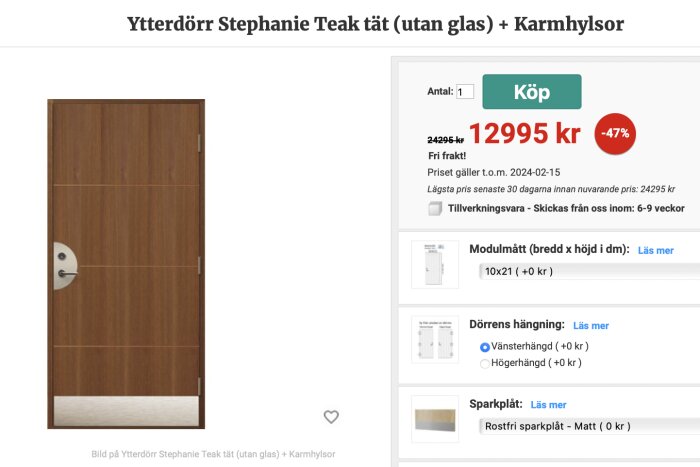 Ytterdörr av teak, ingen glasruta, till försäljning online, kraftig rabatt erbjuds, modern design.