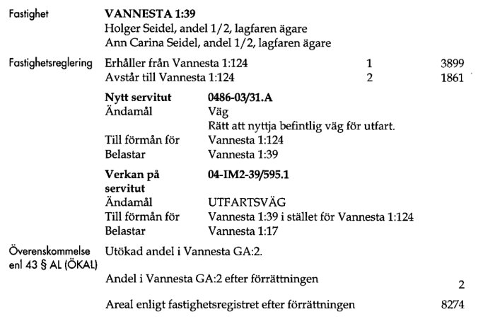 Svensk fastighetsdokumentation med ägarinformation, servitut, belastningar och registreringsdata.