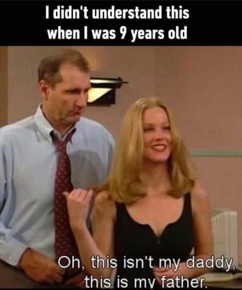 Meme från tv-program: man tittar förvirrat, kvinna skiljer på "daddy" och "father".
