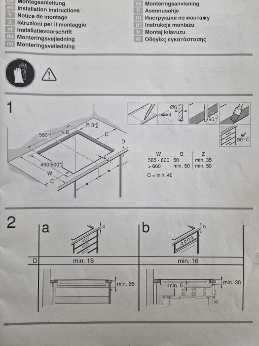 Monteringsanvisning, tekniska ritningar, måttangivelser, diagram, säkerhetsvarning, grafiska symboler, installationsrekommendationer.