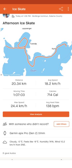 Skridskoåkningssession registrerad: 20,34 km sträcka, 18,2 km/tim snittfart, molnigt och kallt väder.