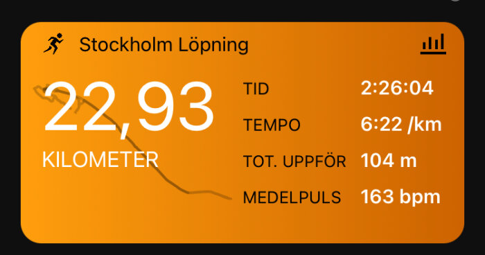 Fitnessapp-skärmdump; Stockholm löpning; 22,93 km; tid: 2h 26m; tempo: 6:22/km; elevation 104m; puls 163 bpm.