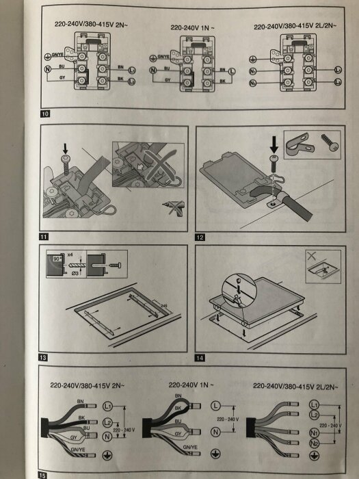 Installationsanvisning för elektrisk utrustning med scheman och steg-för-steg illustrationer.