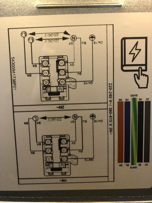 Elektrisk kopplingsschema, anslutningsanvisning, säkerhetsvarning med blixtpil, färgkoder för kablar.