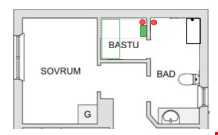 Ritning av lägenhet med sovrum, badrum, bastu och markerade positioner, troligen sensorer eller liknande.