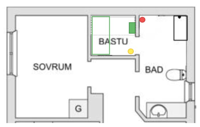 Planritning av ett hem med sovrum, bastu och badrum markerade.
