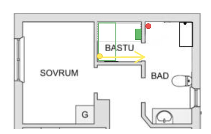 Badrumsplan med bastu, sovrum, och bad. Pilar och markeringar indikerar potentiell ändring eller notering.