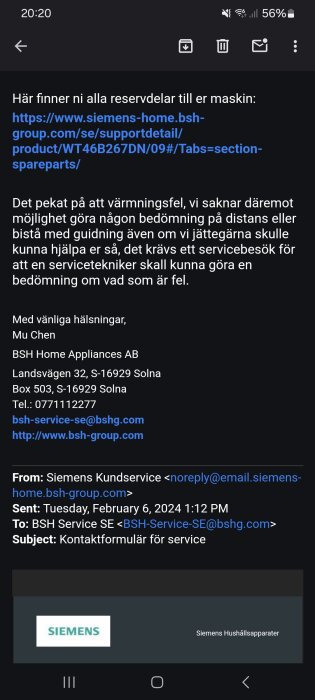 Skärmdump av e-post från BSH Home Appliances AB angående service av Siemens-produkt, med länk till reservdelar.