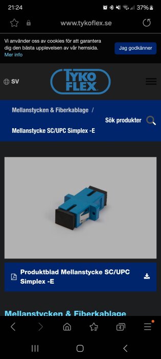 Skärmbild av webbsida som visar en produkt, ett fiberkopplingstillbehör kallat "Mellanstycke SC/UPC Simplex -E".