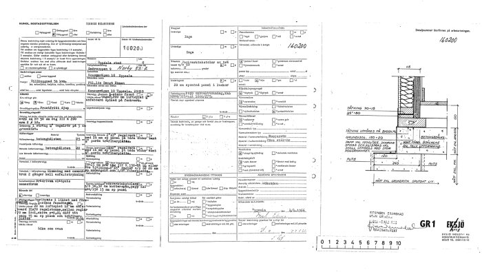 Svensk byggnadsdokumentation med text, diagram och konstruktionsteckningar; förmodligen tekniska ritningar och formulär.