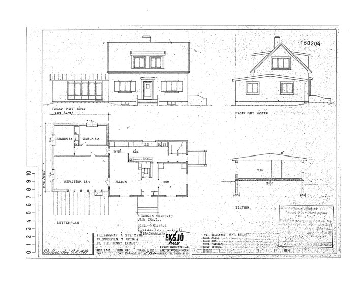 Arkitektritning av ett hus med planlösning, fasader och sektion, daterad och stämplad från Eksjöhus.