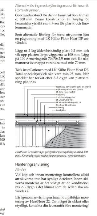 Svensk text, golvvärmeinstallation, diagram, instruktioner, produktkomponenter, teknisk information.