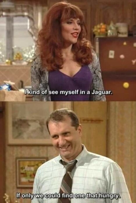 Två personer pratar; dubbelmening skämt om Jaguar; kvinna i överdel, man skämtar; komisk tv-serie bild.