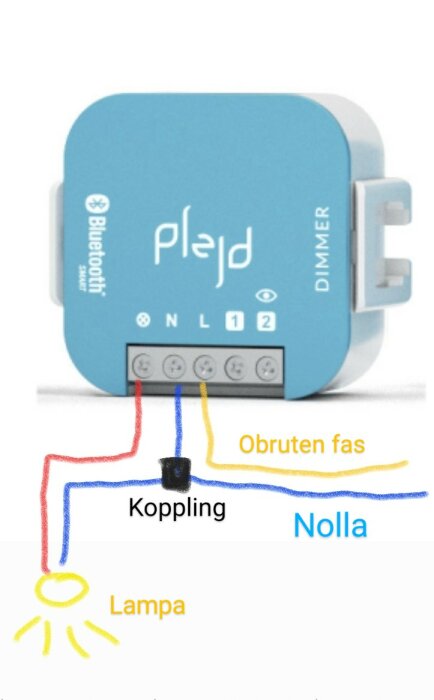 En Plejd-dimmer med kopplingsschema för Bluetooth-styrning av lampa, inkluderar obryten fas och nolla.