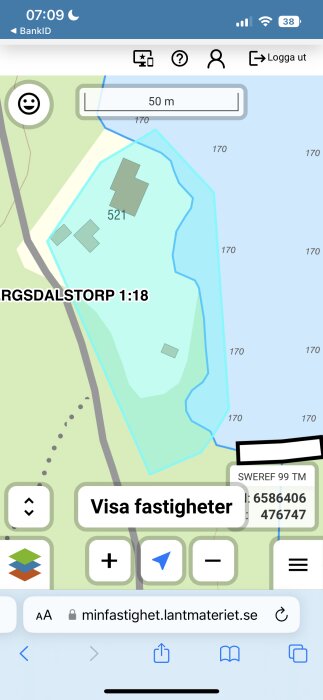 Skärmdump av karttjänst visar detaljerad fastighetskarta med gränser och höjdkurvor.