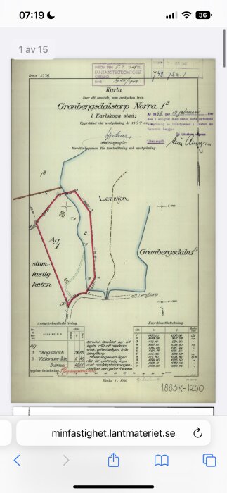 Historisk karta, Granbergsdalstorps Norra, Karlskoga, handskrivna anteckningar, äldre fastighetsgränser, vattenområden, skogsmark.