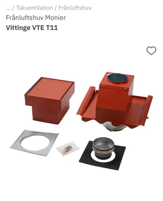 Röd takventilation, frånlufthuv, komponenter samlade för montage, Vittinge VTE T11.