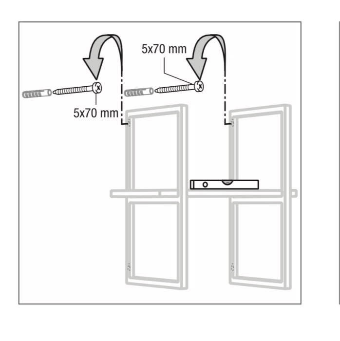 Monteringsanvisning för dubbeldörrar med skruvar och positionsangivelser, inklusive vattenpass för jämnhet.