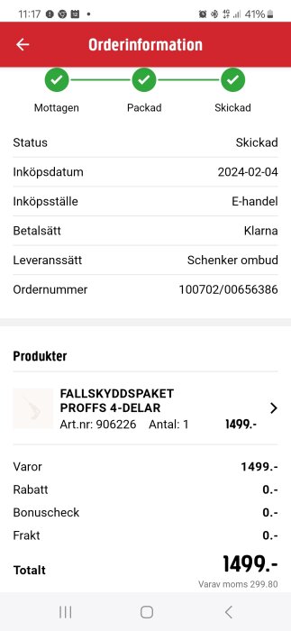 Skärmdump av orderinformation för ett fallskyddspaket, visar status som mottagen, packad, och skickad, inga rabatter tillämpade.