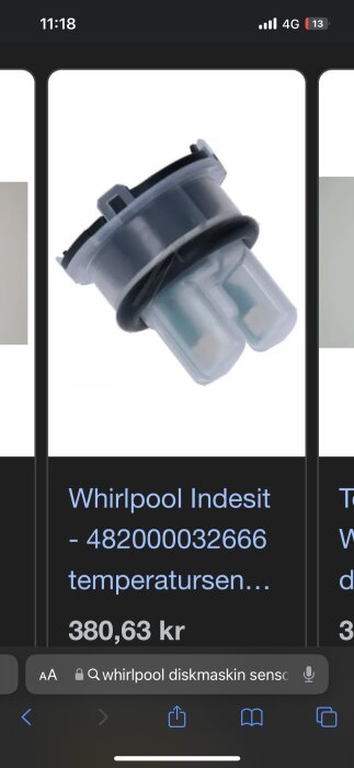 Reservdel till Whirlpool Indesit diskmaskin, troligen en temperatursensor eller liknande komponent, pris listat som 380,63 kronor.