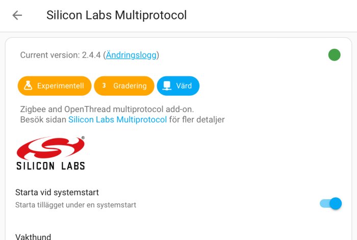 Skärmdump av programvara, Silicon Labs Multiprotocol, version 2.4.4, inställningar, Zigbee, OpenThread, experimentell, svenska.