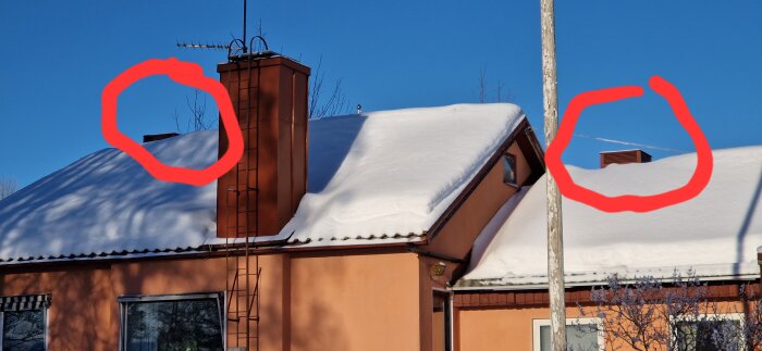 Ett snötäckt hustak med skorstenar, röda cirklar markerar eventuella snöansamlingar eller detaljer.
