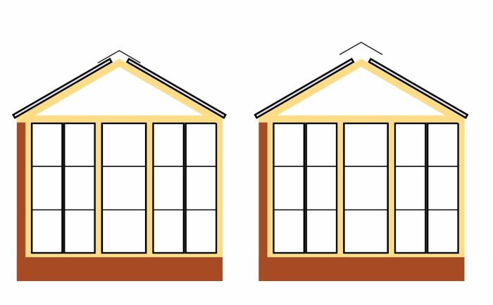 Två stiliserade husfasader med symmetrisk design, varierande tak topp detalj, isolerad mot vit bakgrund.