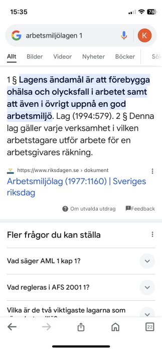 Skärmdump av Google-sökning om den svenska Arbetsmiljölagen med utdrag och relaterade frågor.
