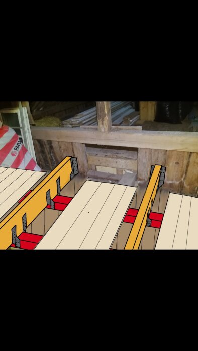 Bild visar en illustration kombinerad med fotografi: träbjälklag pågår, golvbjälkar delvis tecknade inom konstruktionsmiljö.