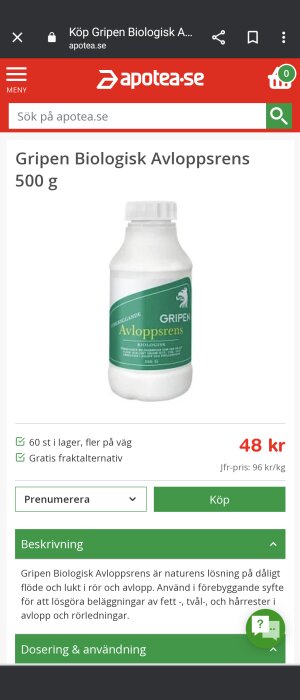 Produktbild för biologiskt avloppsrengöringsmedel, 500 gram, på webbplats, prisinformation, lagerstatus, kort beskrivning.