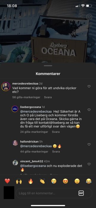 Skärmdump av en Instagram-kommentarssektion, innehåller dialog om säkerhetsåtgärder, emojis, och en profilbild.