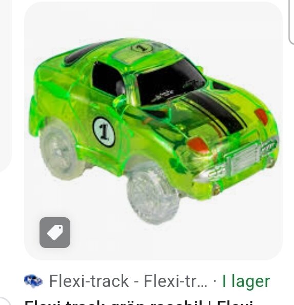 Genomskinlig, grön leksaksbil med nummer 1, svarta ränder, av plast, lekfordon för barn.