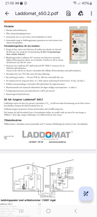 Skärmbild av PDF, Laddomat 650 produktinformation, fördelar, funktionsschema, företagslogo, kontaktuppgifter.