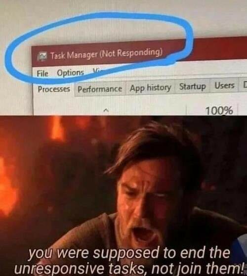 Task Manager fryst, ironiskt meme, person uttrycker frustration, skämtar om dators funktionsfel.