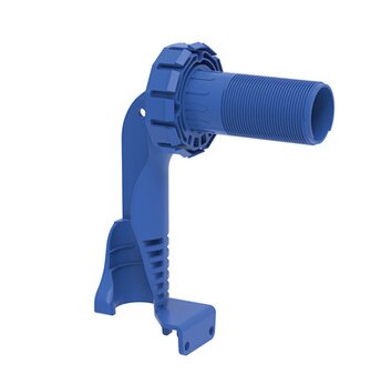Blå plastcylinder med handtag och stödben, troligen en del av en större apparat eller maskin.