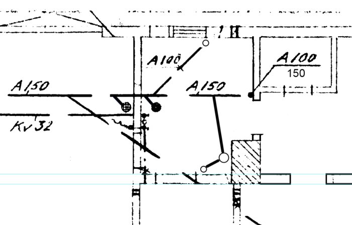 Teknisk ritning eller schema, svartvitt, innehåller linjer, symboler, texter som "A100", komplexa detaljer.