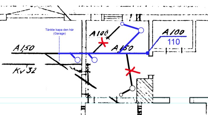 Teknisk ritning, markeringar, planerad kapning, garage, dimensioner, skisserat område, annotations, överstrukna delar.